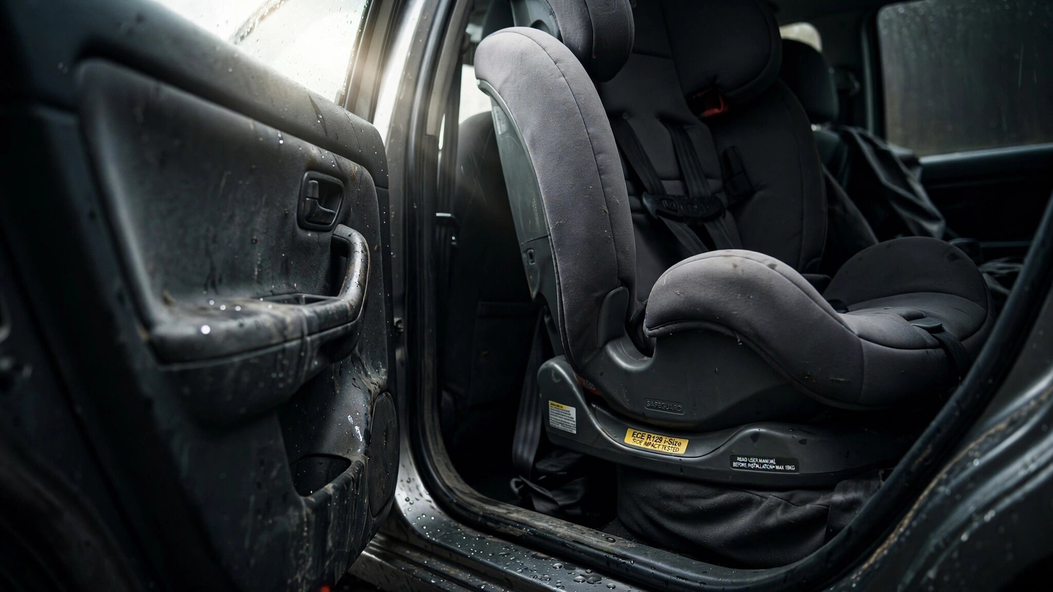A child car seat in a vehicle rear seat viewed from the open side door