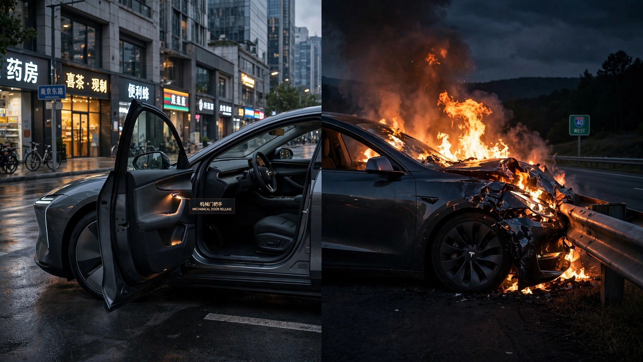 Split view of Chinese and American car door safety standards