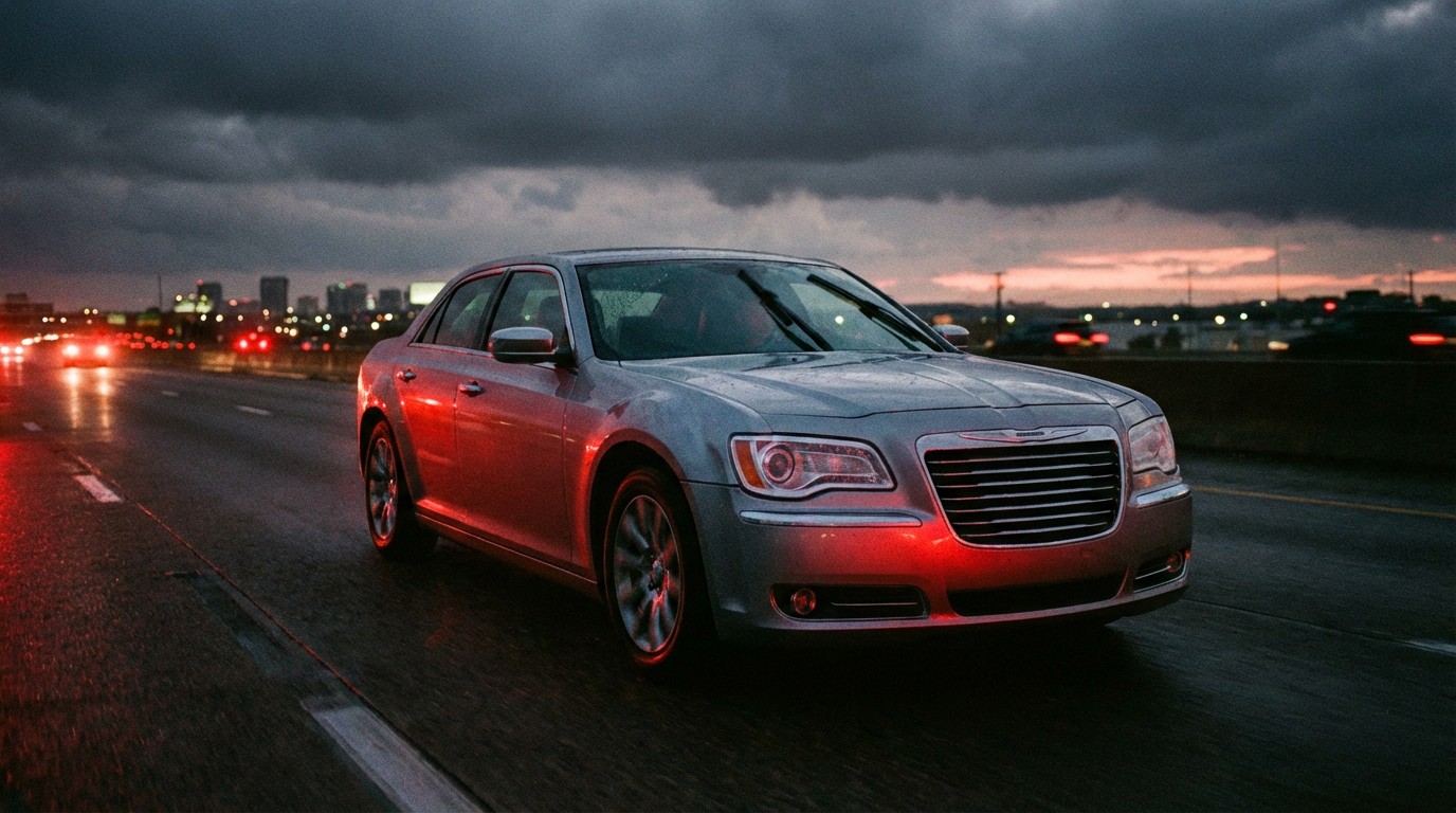 Silver Chrysler 300 sedan on dark highway
