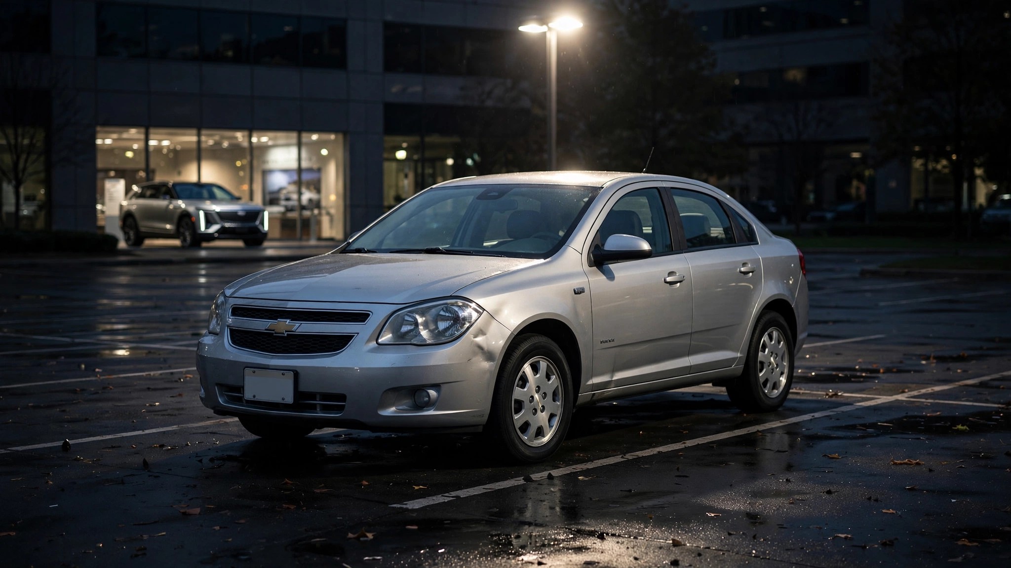 A crumpled Chevrolet Cobalt beside a gleaming Cadillac Vistiq in a GM service bay