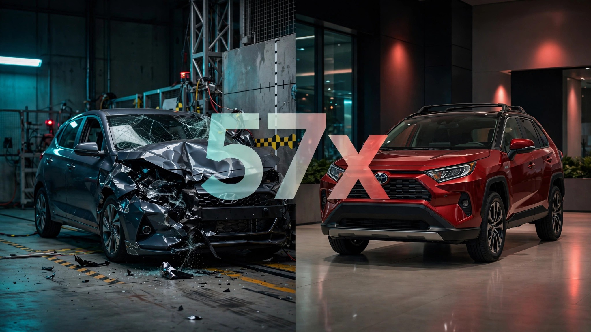 Split view crash test vehicle vs pristine crossover