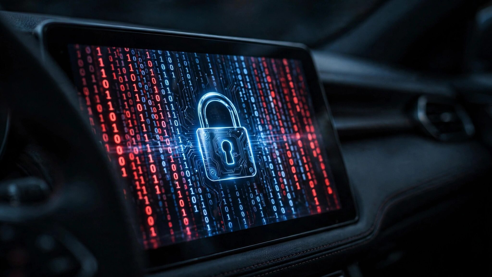 A car dashboard touchscreen displaying a digital padlock with binary code