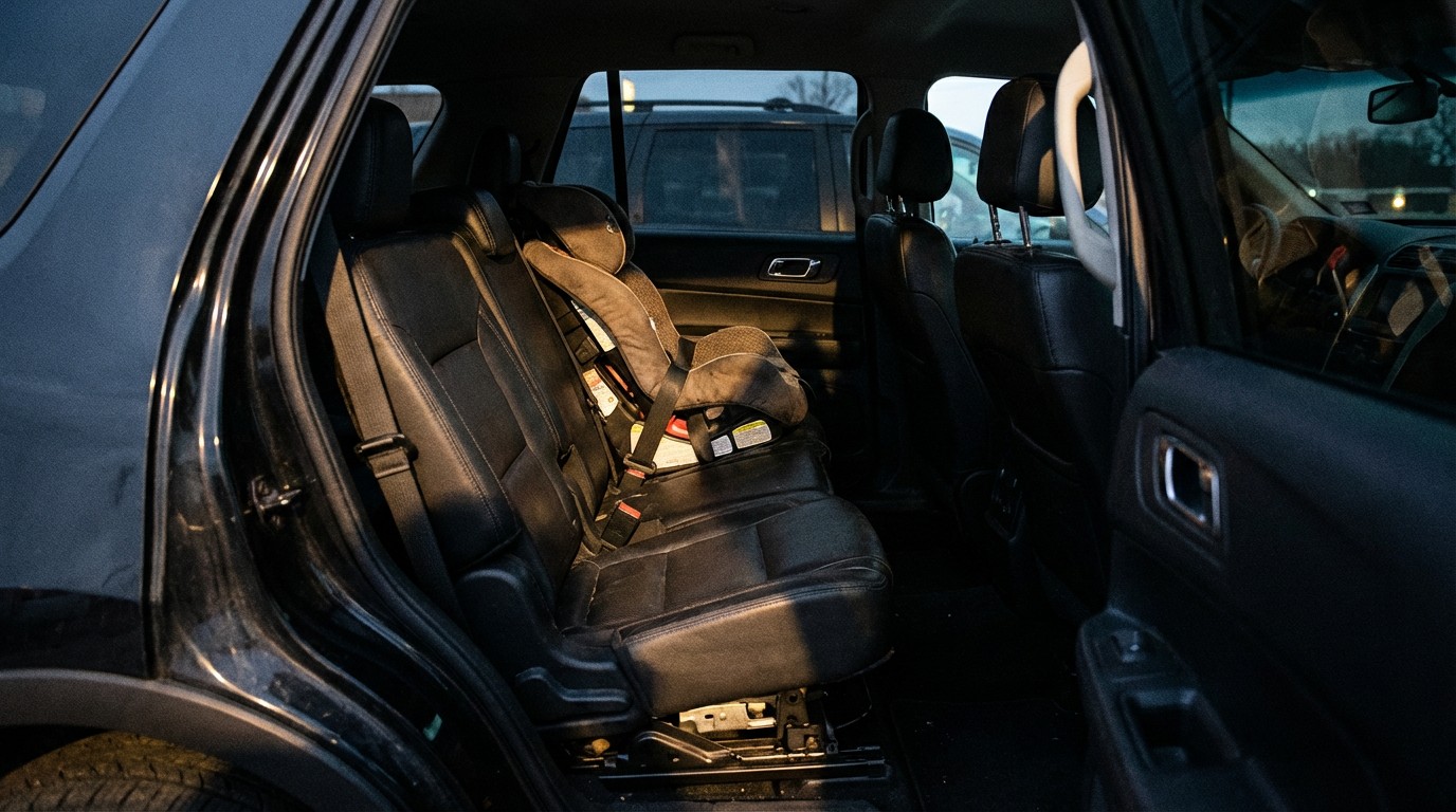 Split image: a garage door with a safety sensor versus a car power seat with no sensor