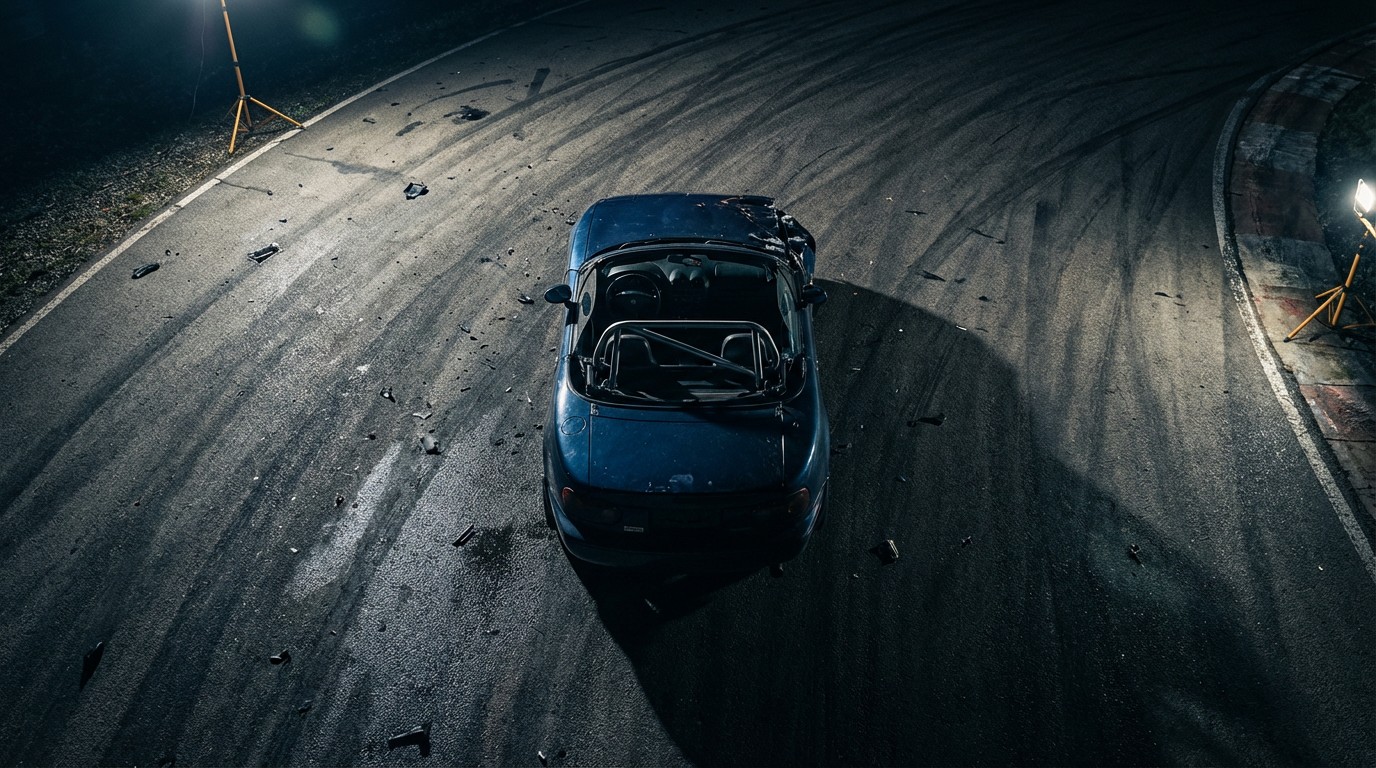 Overhead view of an overturned convertible showing the structural roll bar behind the cabin
