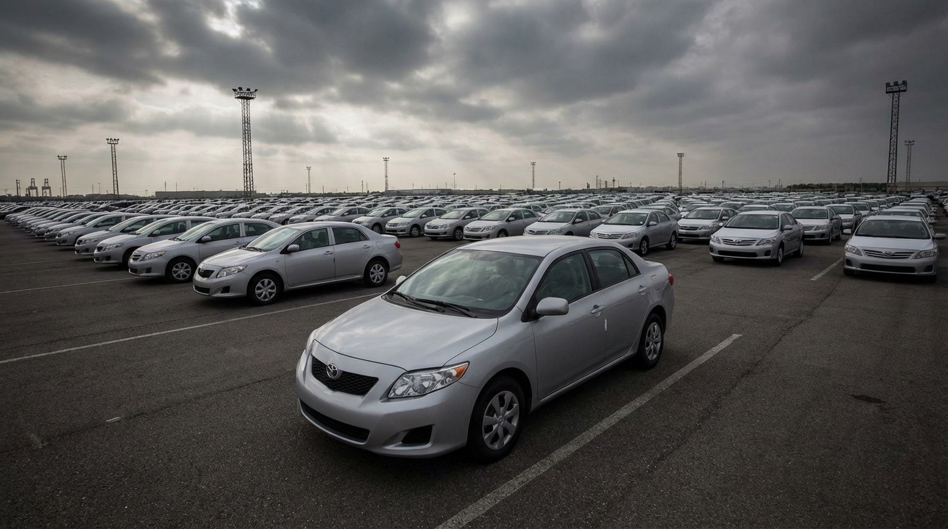 Rows of Toyota Corollas in a parking lot