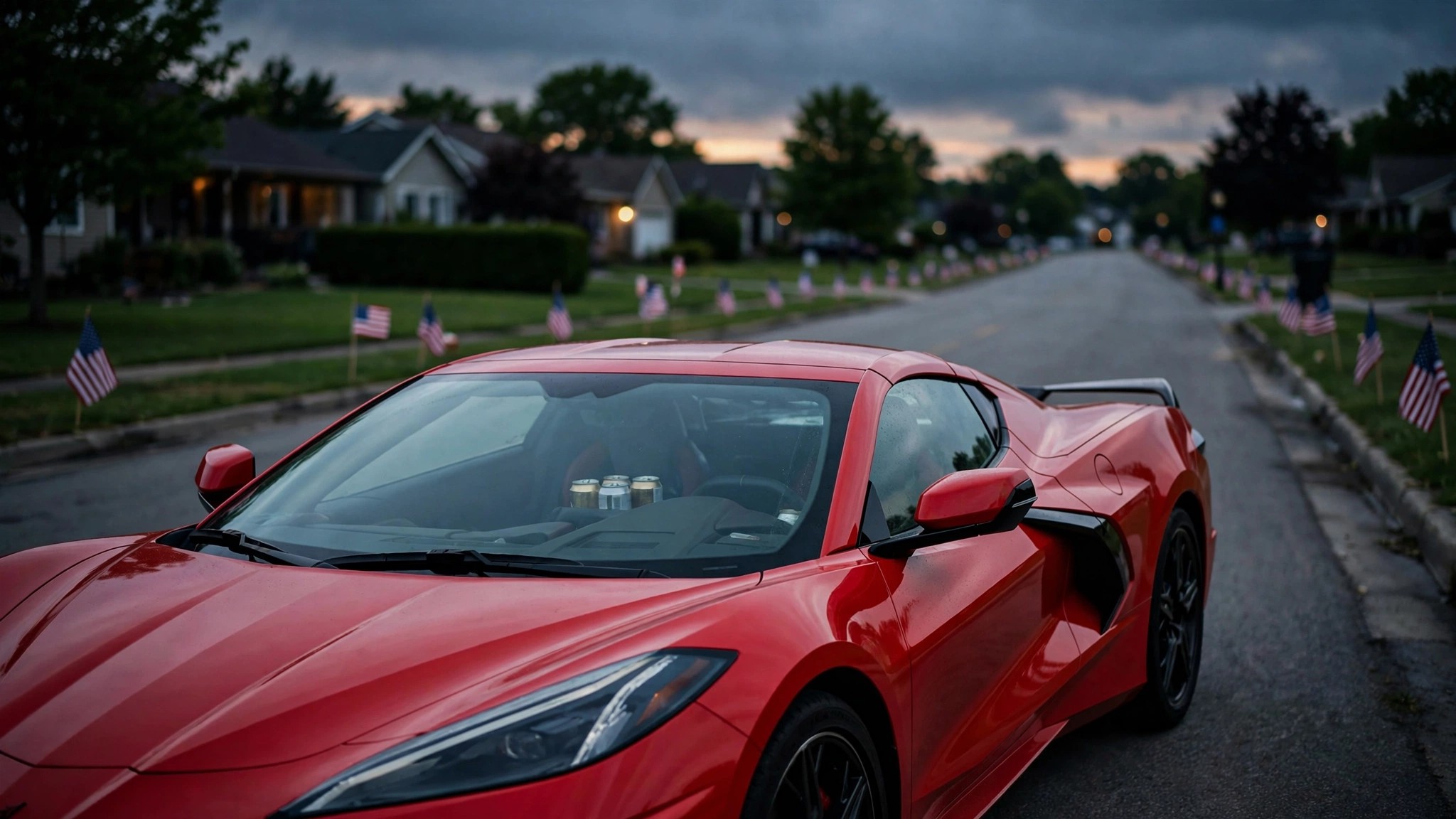 A red Corvette on a dark highway with impairment statistics overlaid