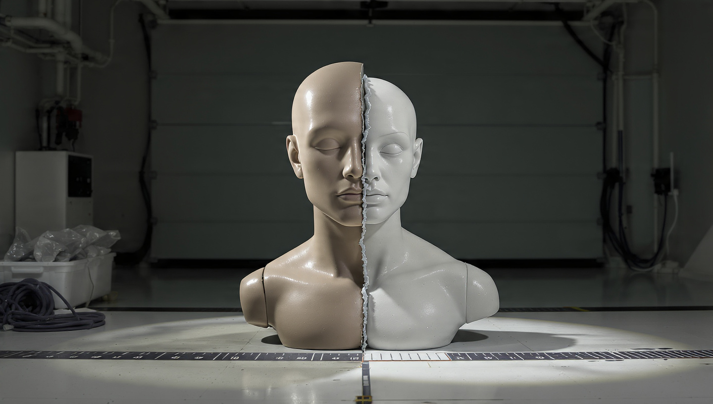 Split comparison of male and female crash test dummies showing stark size difference