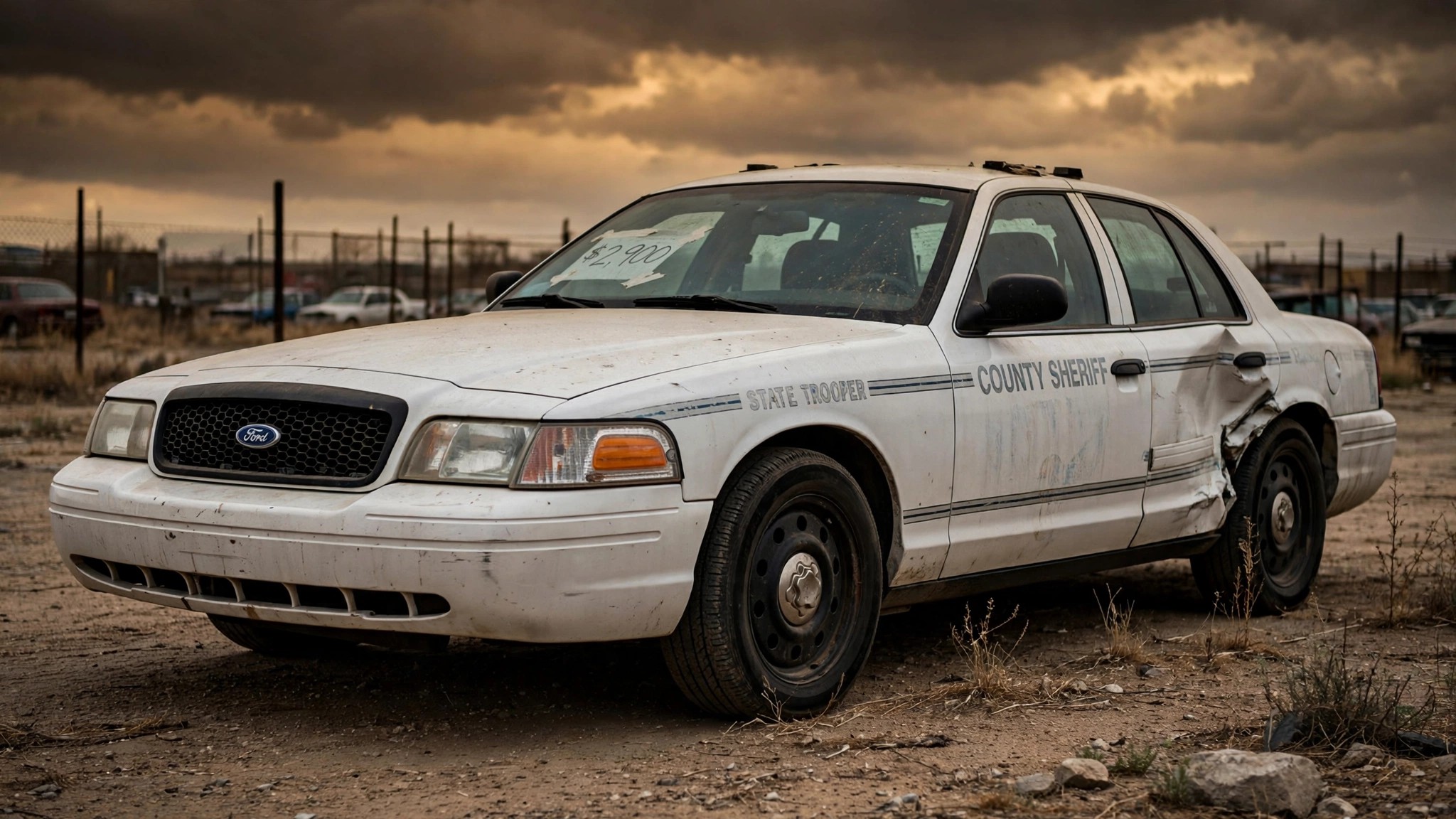 A decommissioned Crown Victoria police interceptor in a used car lot
