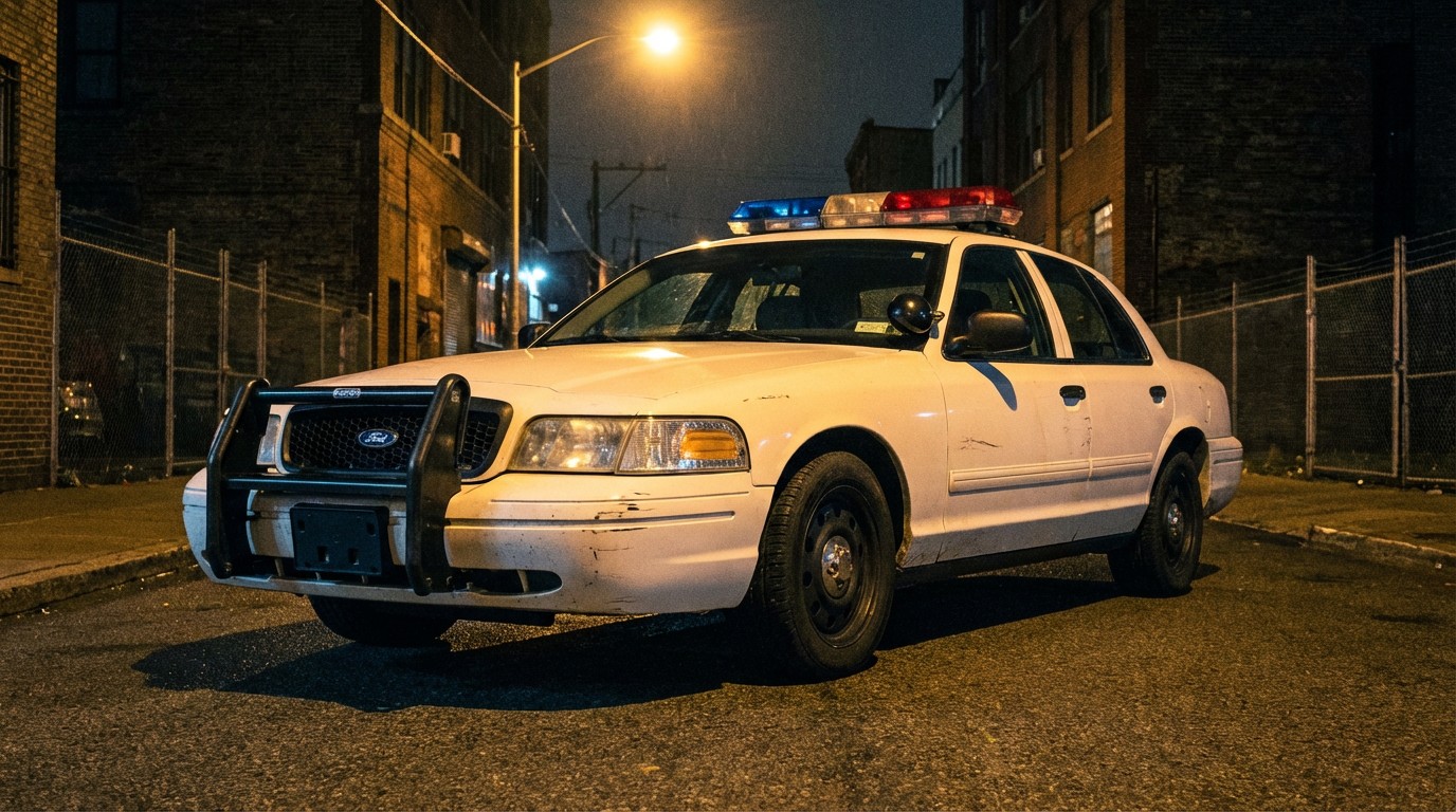 Ford Crown Victoria Police Interceptor under streetlights at night