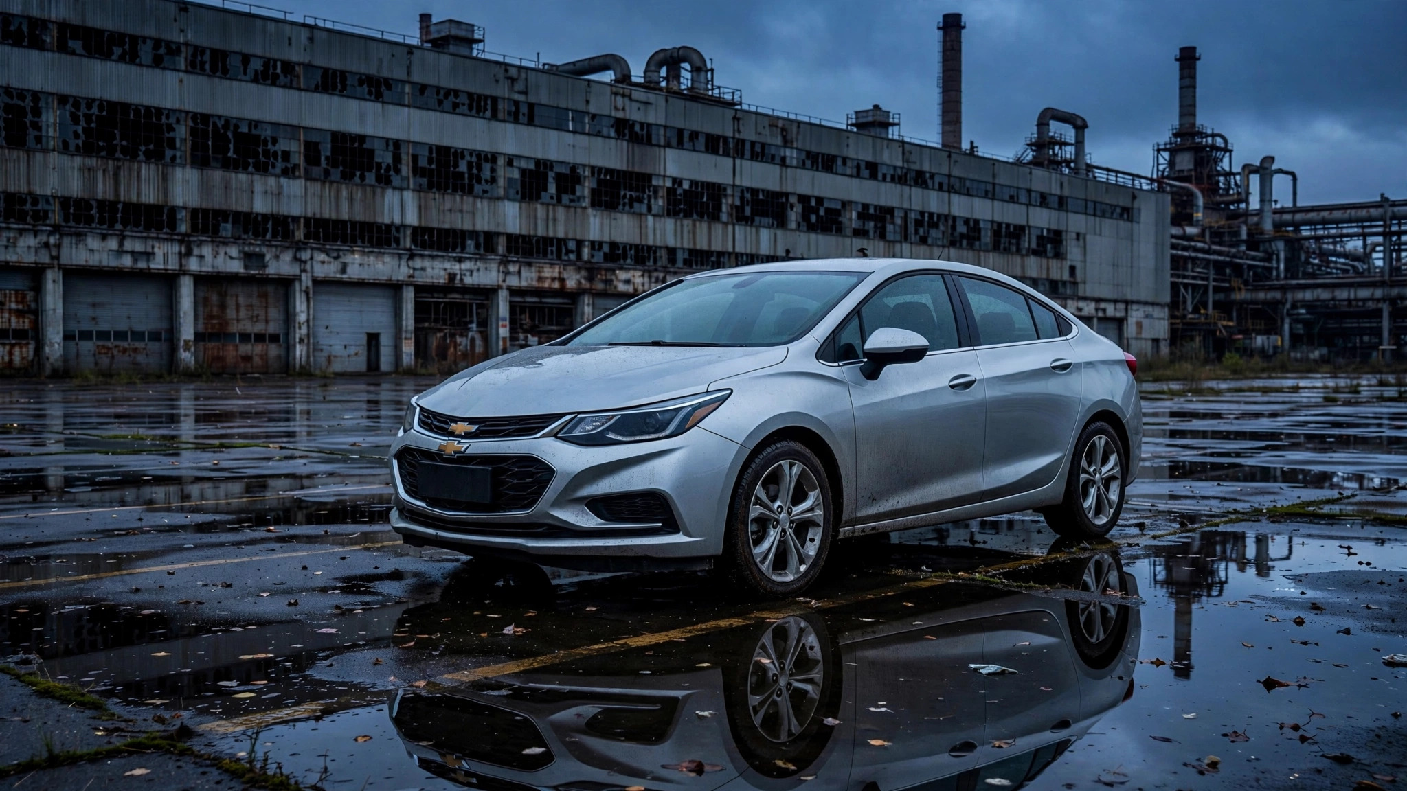 A silver Chevrolet Cruze parked alone in an empty factory lot at dusk