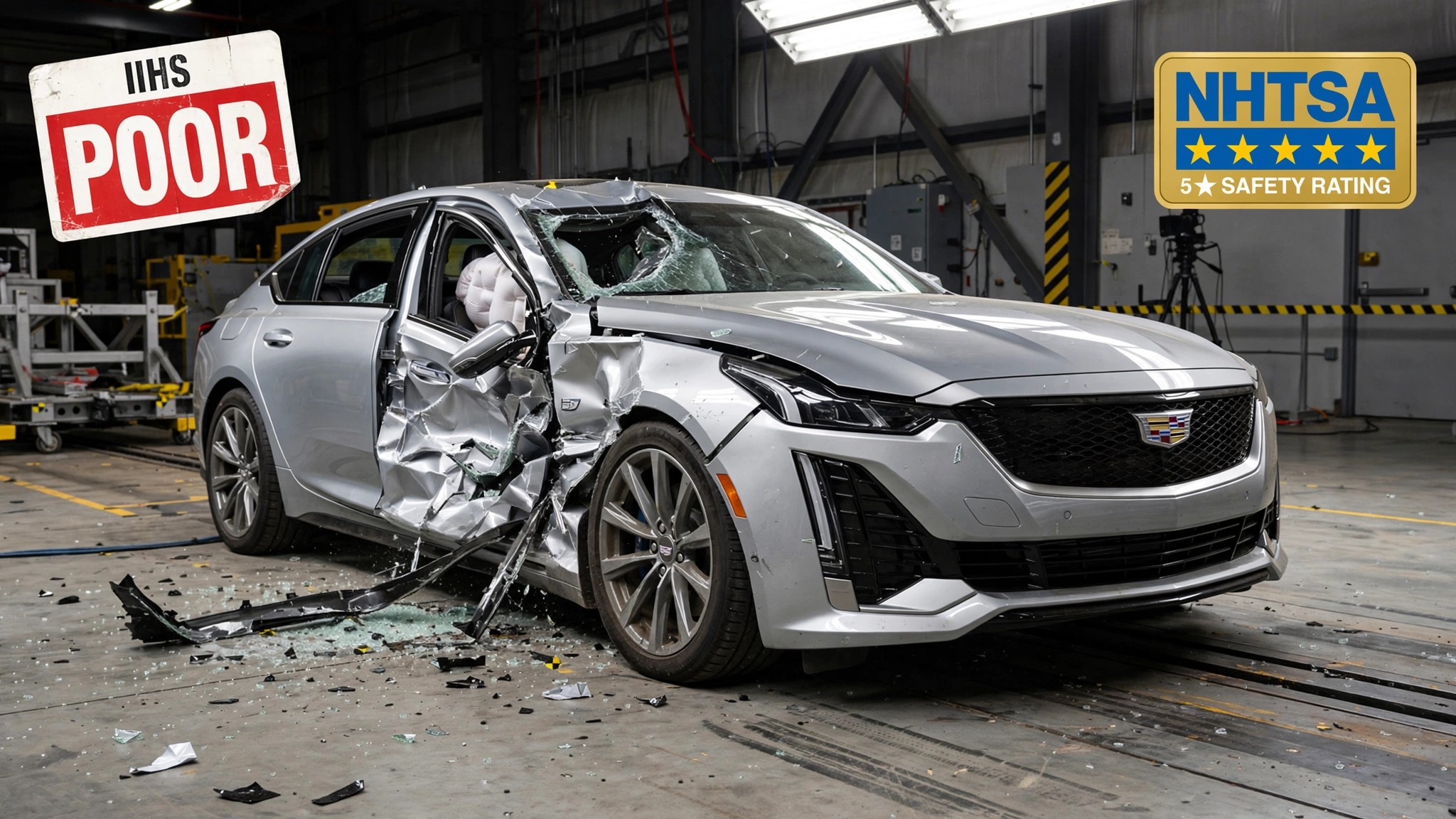 Cadillac CT5 crash test showing poor IIHS results alongside five-star NHTSA rating