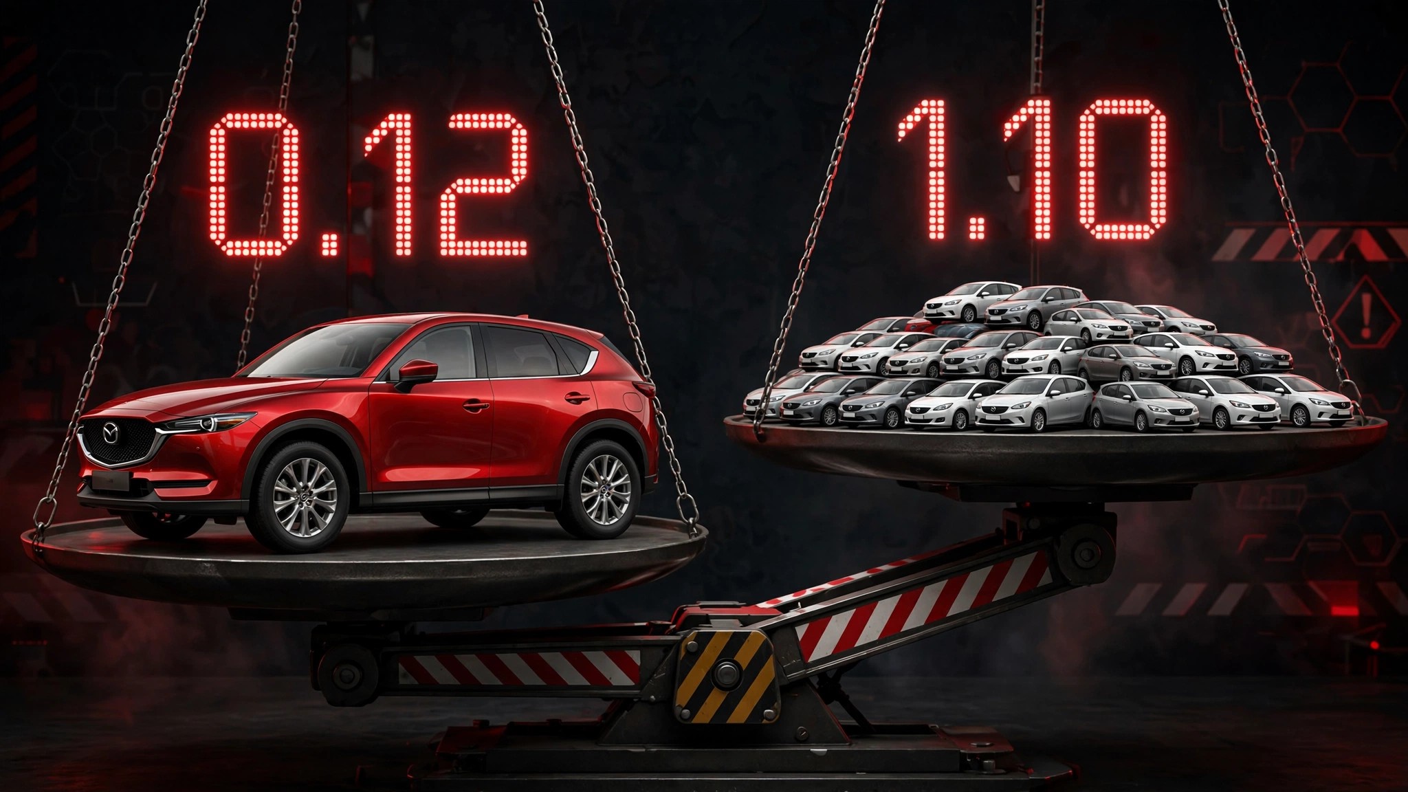 Mazda CX-5 on a balance scale opposite a cluster of vehicles