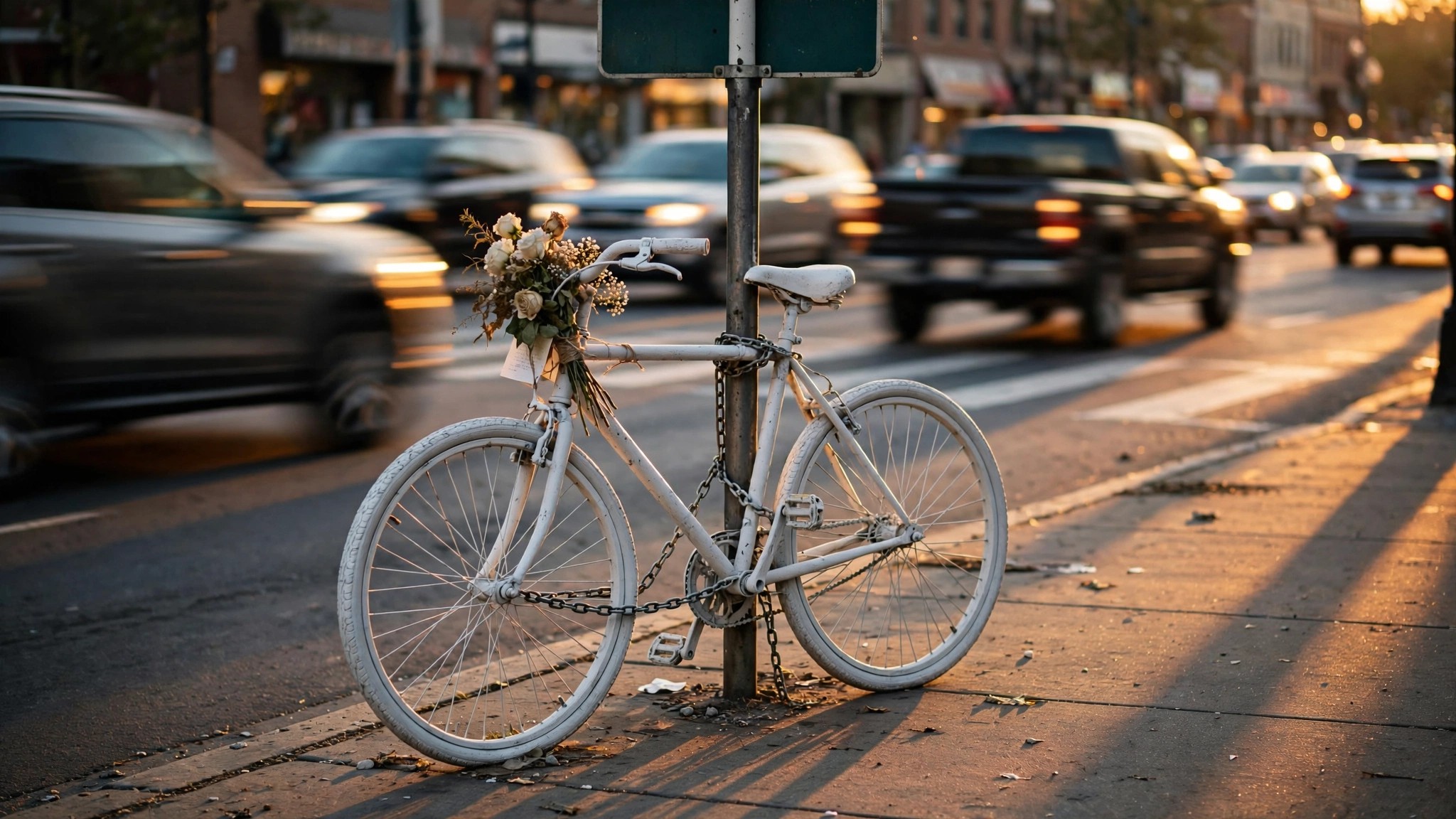 Ghost bike memorial on urban road with large vehicles blurred in background