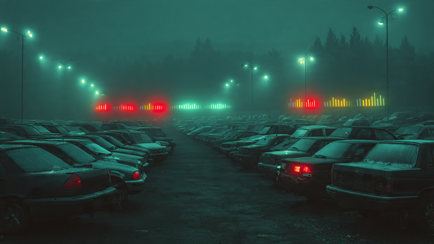 Dark moody used car lot at dusk with rows of aging sedans and pickup trucks under fluorescent lights