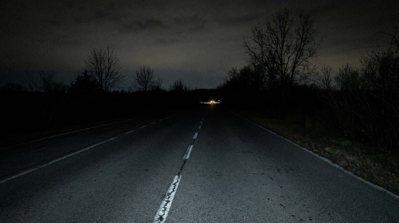 A dark, unlit two-lane highway stretching into blackness with only faint headlights in the distance