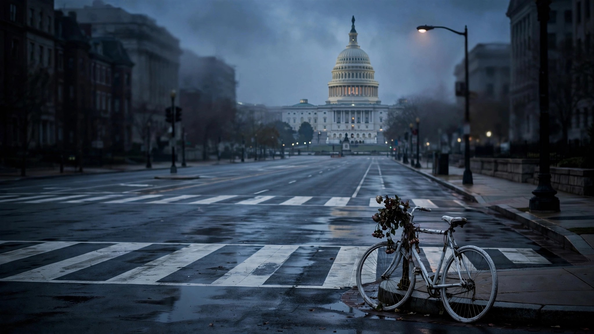 Empty DC arterial road at dusk with Capitol dome in background and memorial flowers on crosswalk