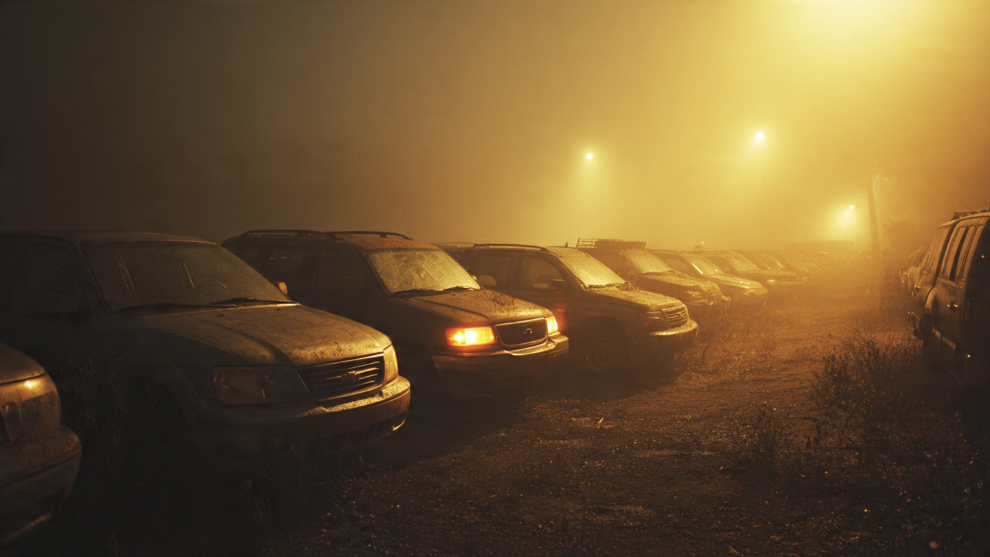 Row of early-2000s American cars in a dimly lit junkyard at dusk