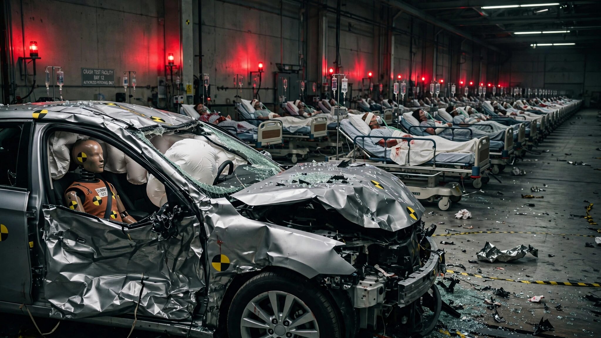 Crumpled car in a crash test facility with airbags deployed
