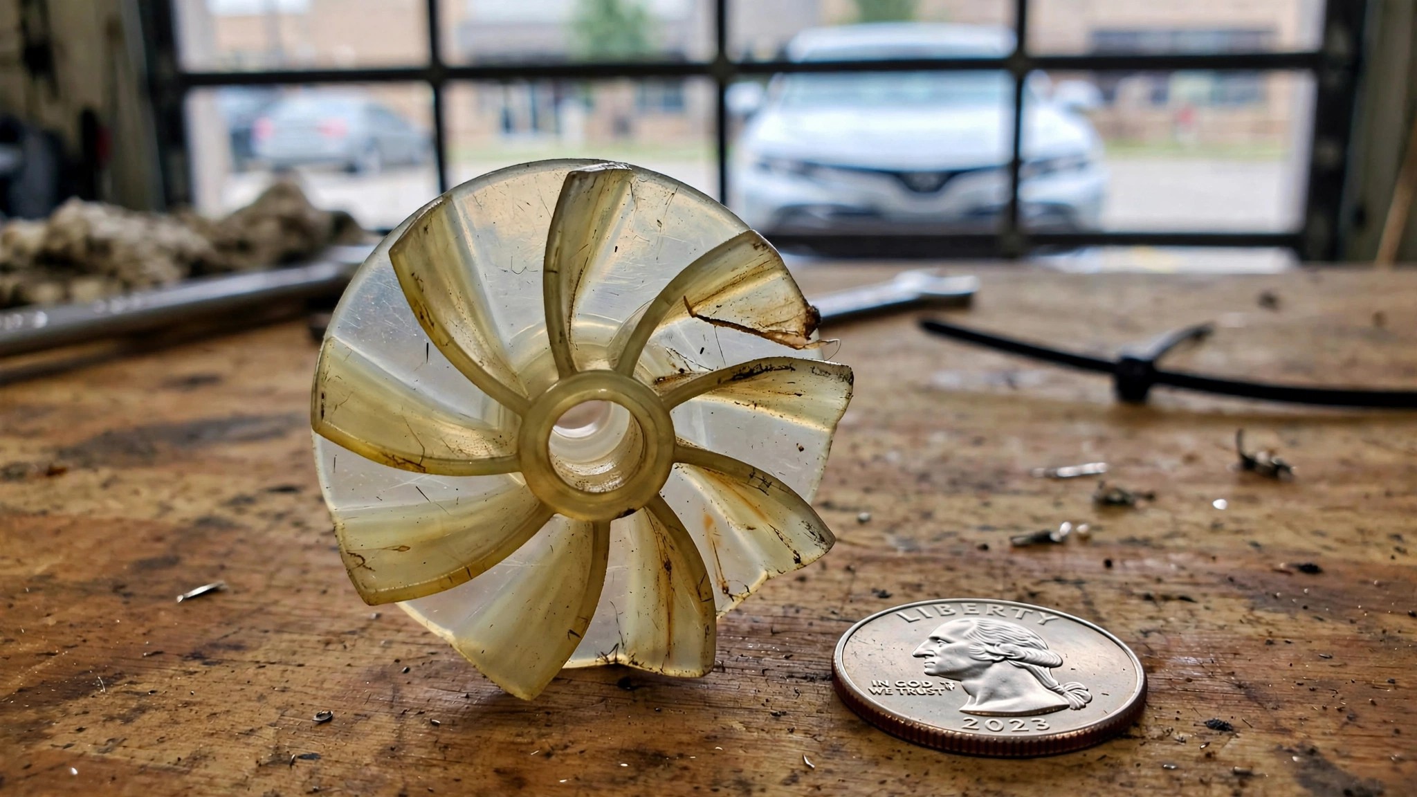 A small plastic fuel pump impeller on a workbench next to a coin for scale