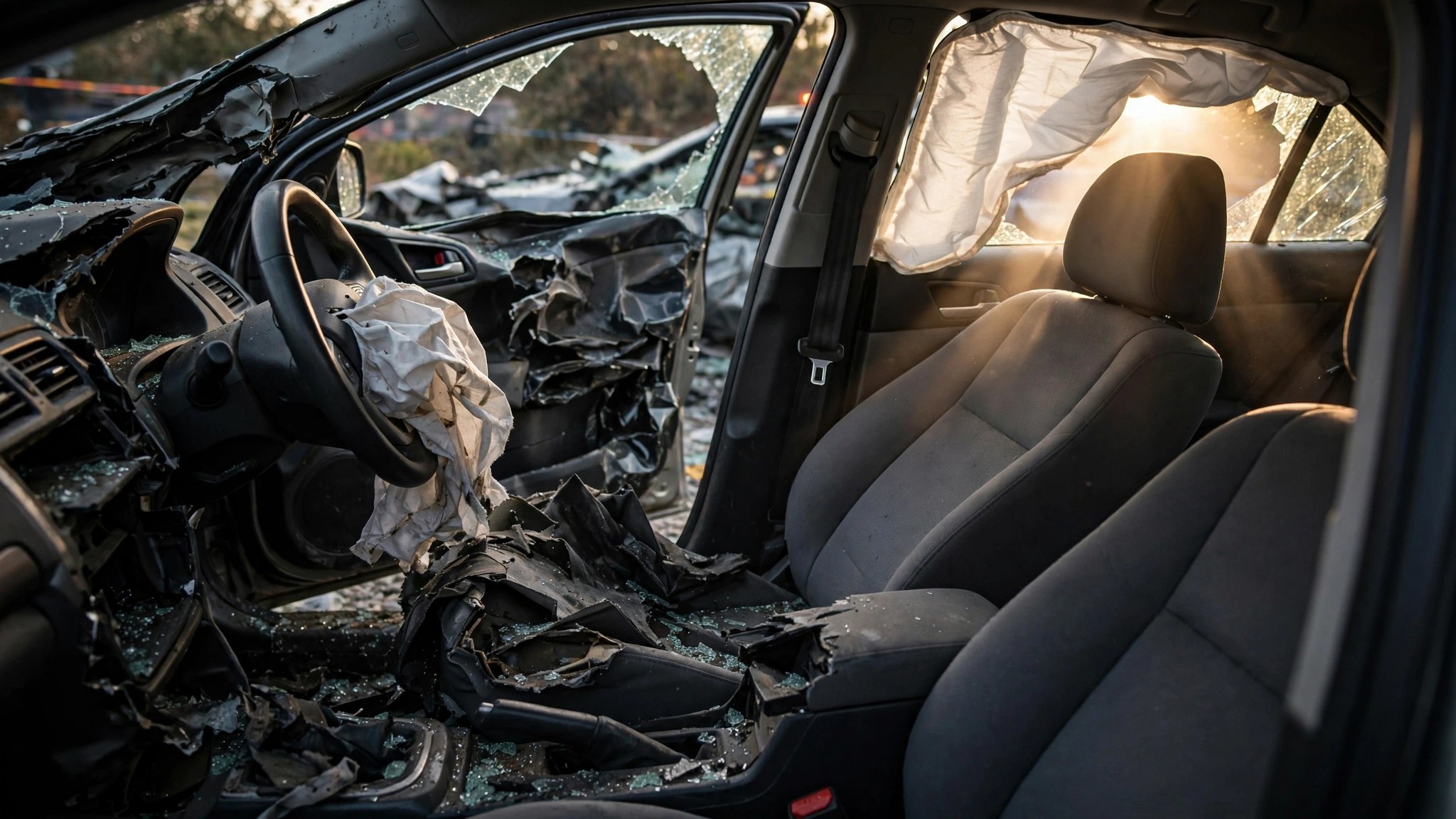 Crashed vehicle interior showing contrast between damaged driver seat and intact passenger seat