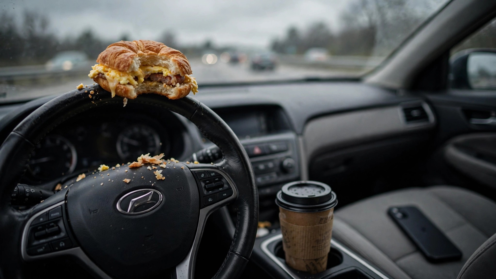 Car dashboard with food on steering wheel and phone face-down