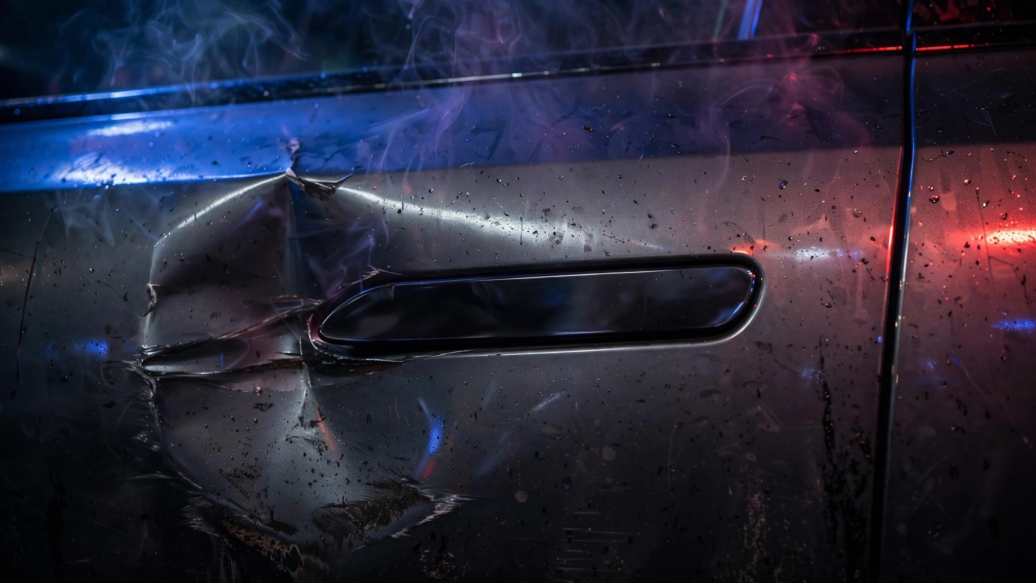 Close-up of a modern flush electronic door handle on a damaged car