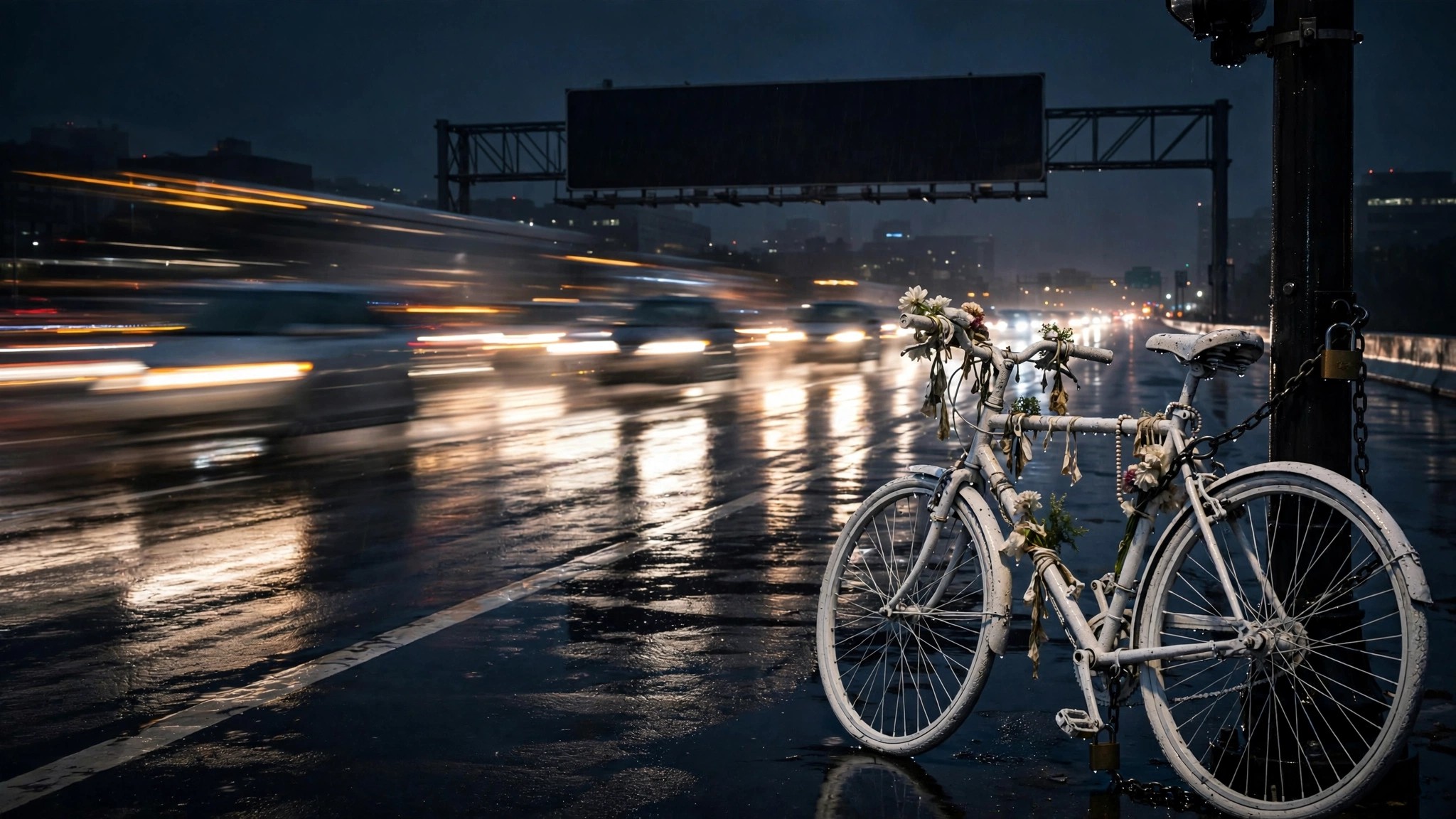 Ghost bike memorial on a wide multi-lane road at night with car headlights streaking past