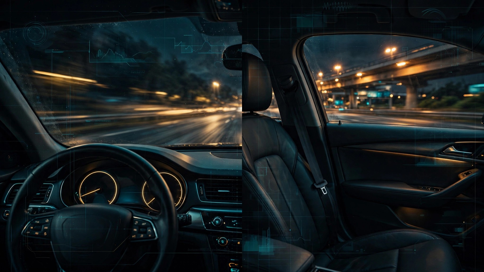 Split view of driver and passenger seats with safety statistics overlay