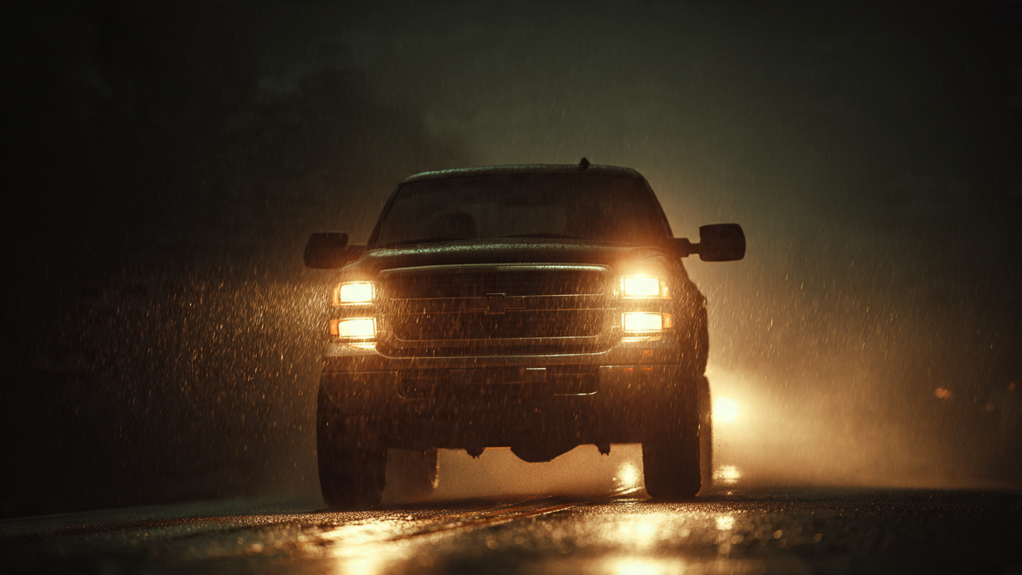 Dark pickup truck on rain-slicked road at night