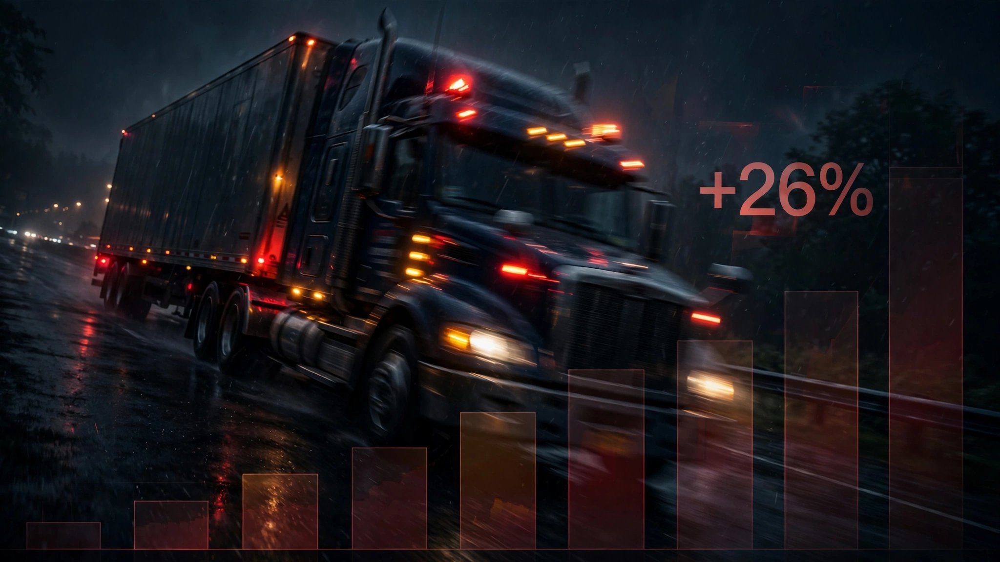 Semi-truck on dark highway at night with rising bar chart overlay showing 26% increase