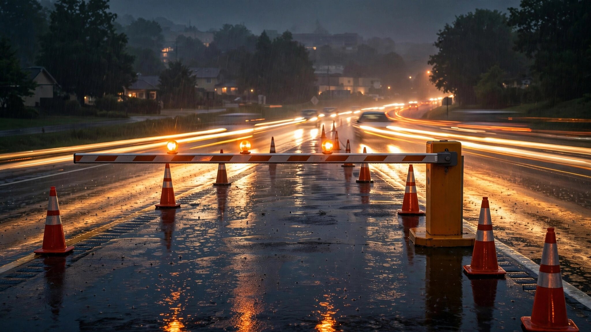 Abandoned DUI checkpoint at night with traffic cones but no officers