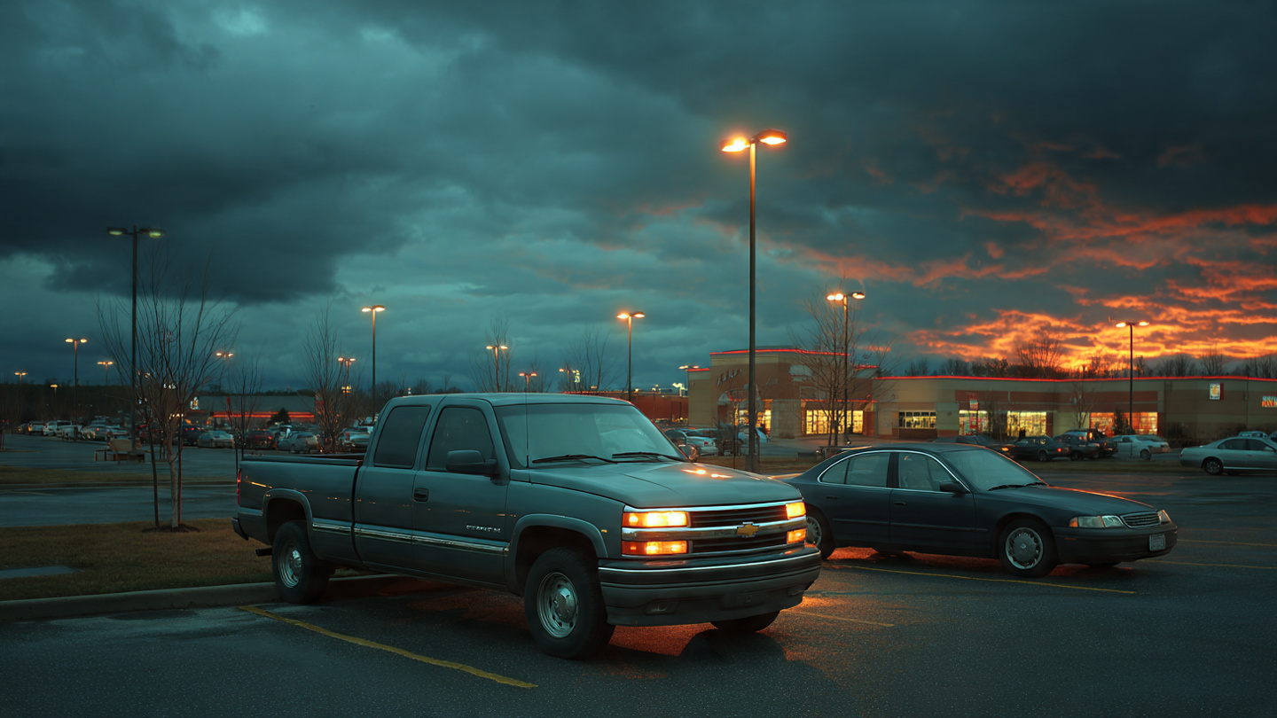 A Silverado and Camry in a suburban parking lot at dusk, police lights reflecting off windshields