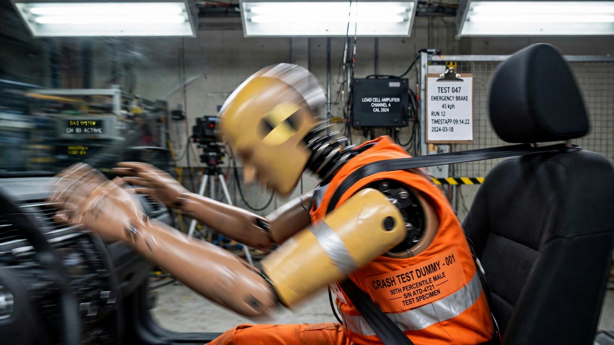 A crash test dummy lurching forward during emergency braking