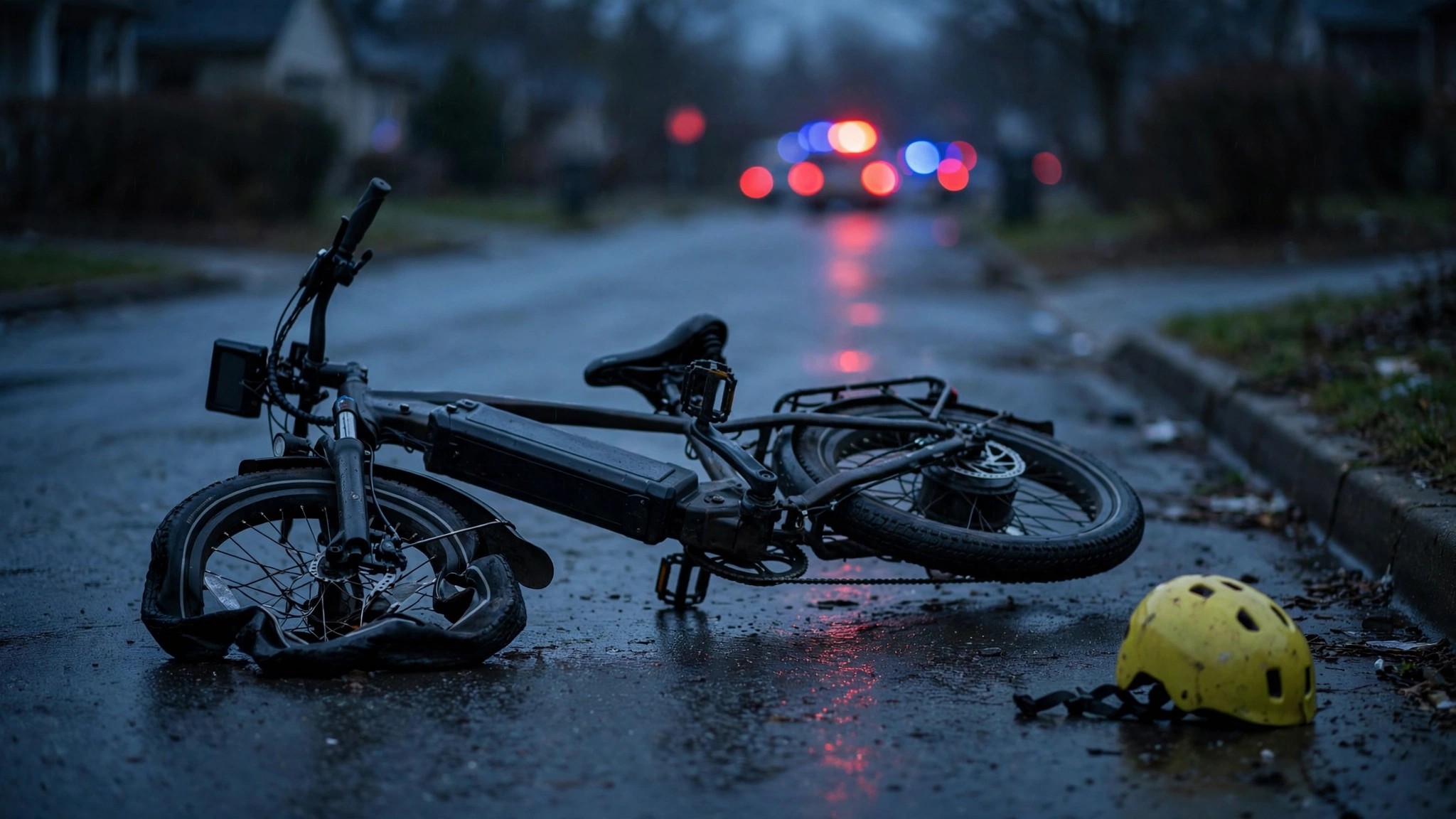 An abandoned e-bike lying on a suburban road at dusk