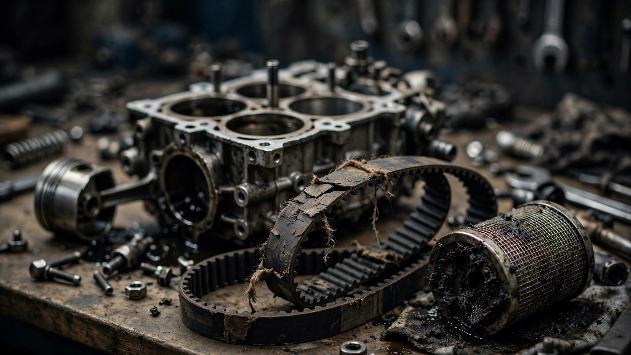 A disassembled car engine with a degraded timing belt on a workshop bench