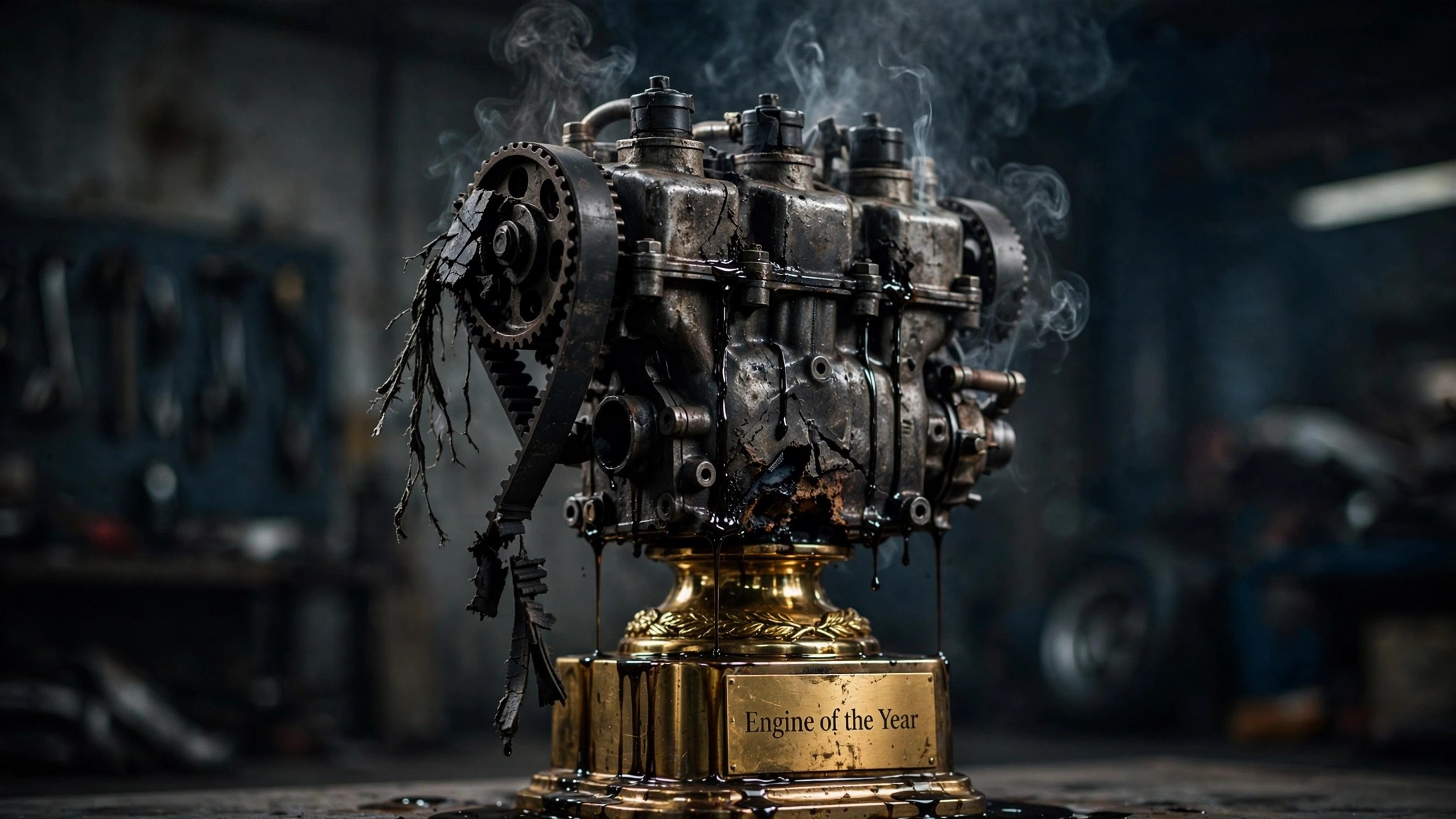Damaged three-cylinder engine on a trophy pedestal