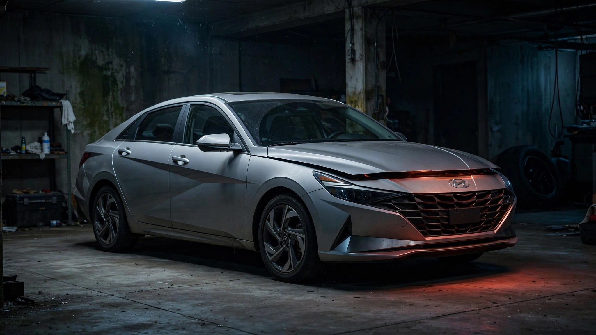 A Hyundai Elantra sedan in a dark garage with a faint orange glow visible under the hood