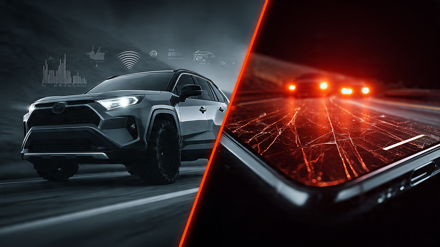 A modern crossover SUV split with a cracked smartphone, symbolizing the gap between vehicle safety engineering and driver behavior