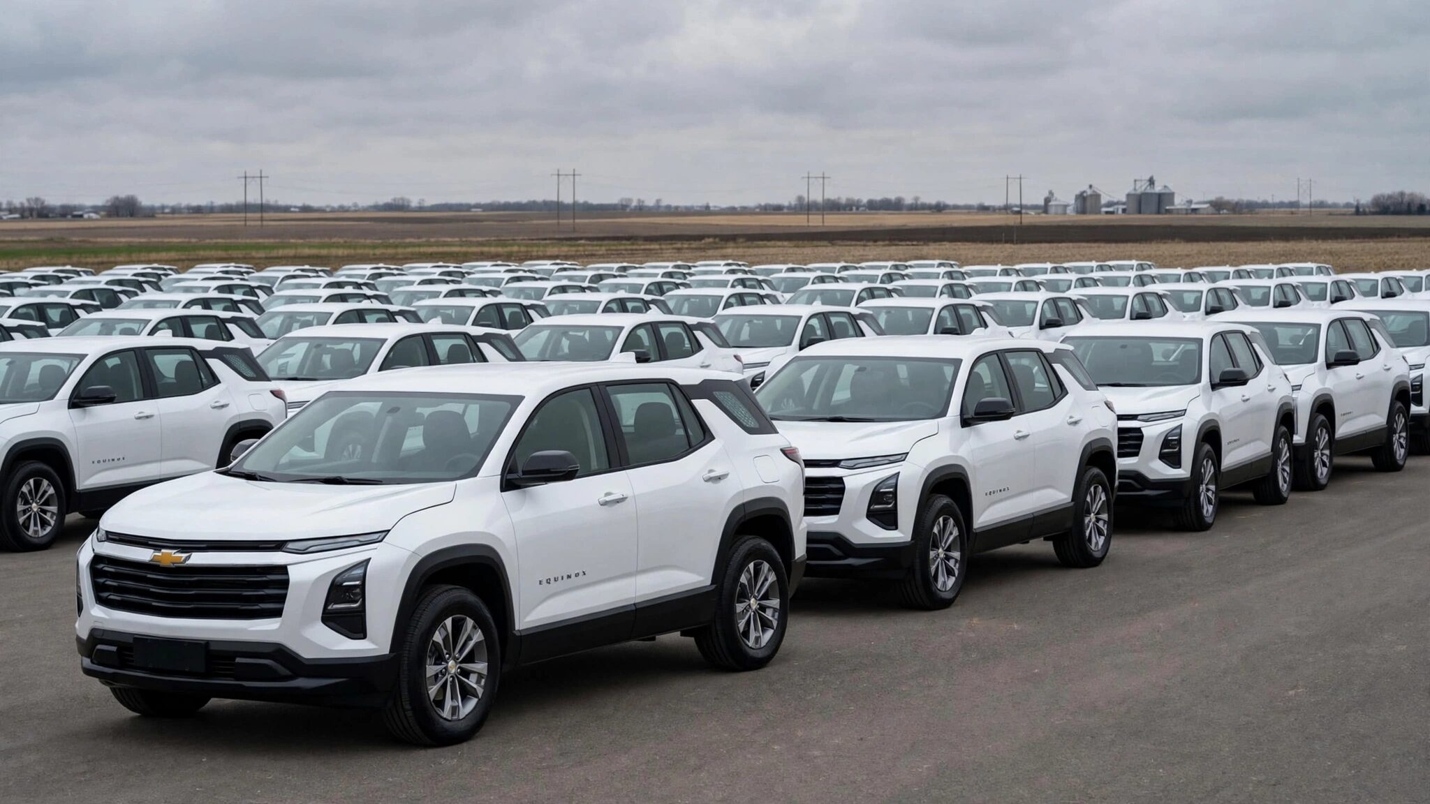 Rows of white Chevrolet Equinox crossover SUVs on a dealership lot