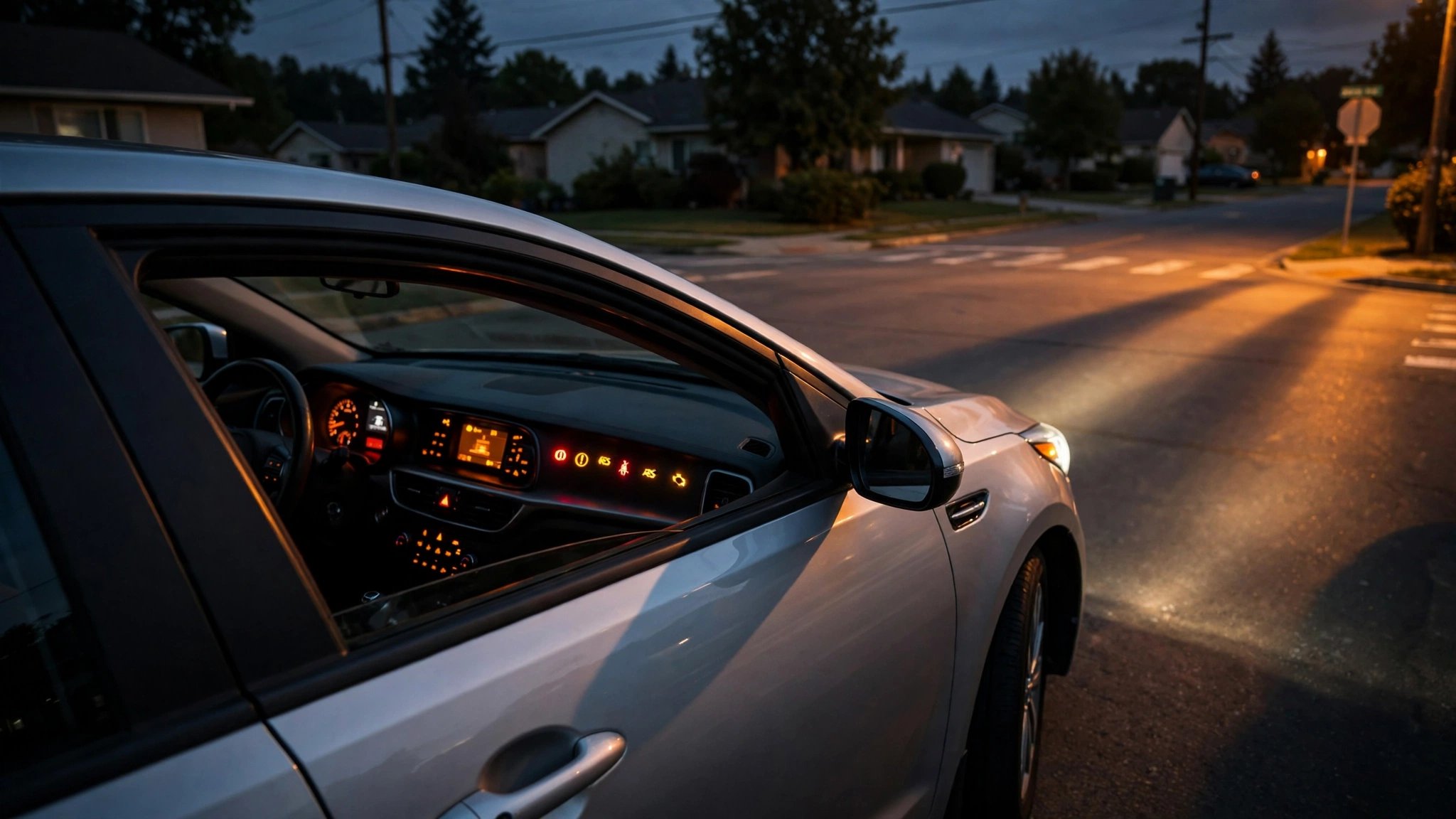 A modern sedan parked at an intersection at dusk with safety indicators glowing