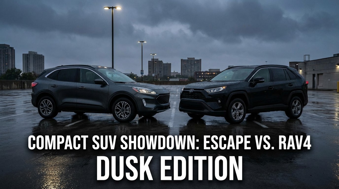 Ford Escape and Toyota RAV4 compact SUVs in a dark parking lot