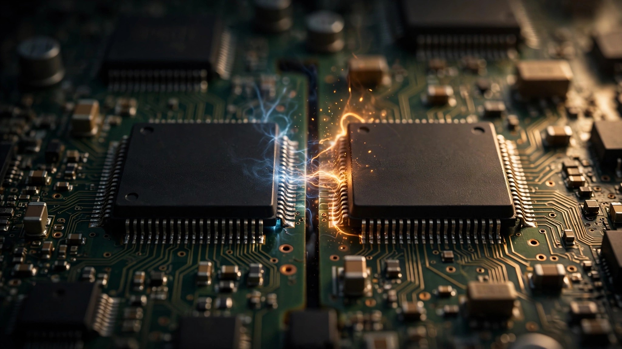 Macro photograph of an automotive ECU circuit board with two integrated circuits