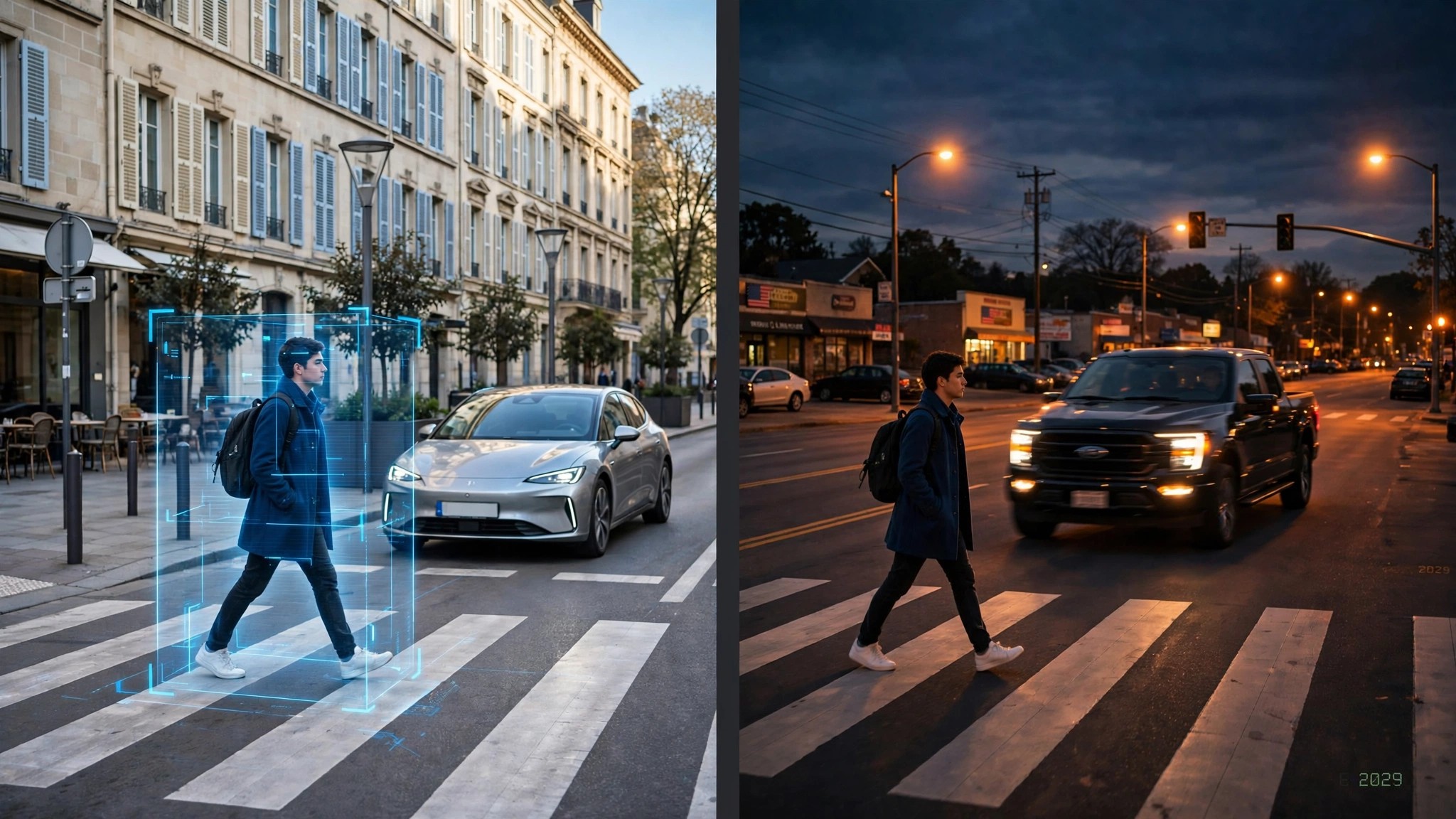 Split-screen comparison: European car braking for a pedestrian with AEB detection overlay vs American road at dusk without protection