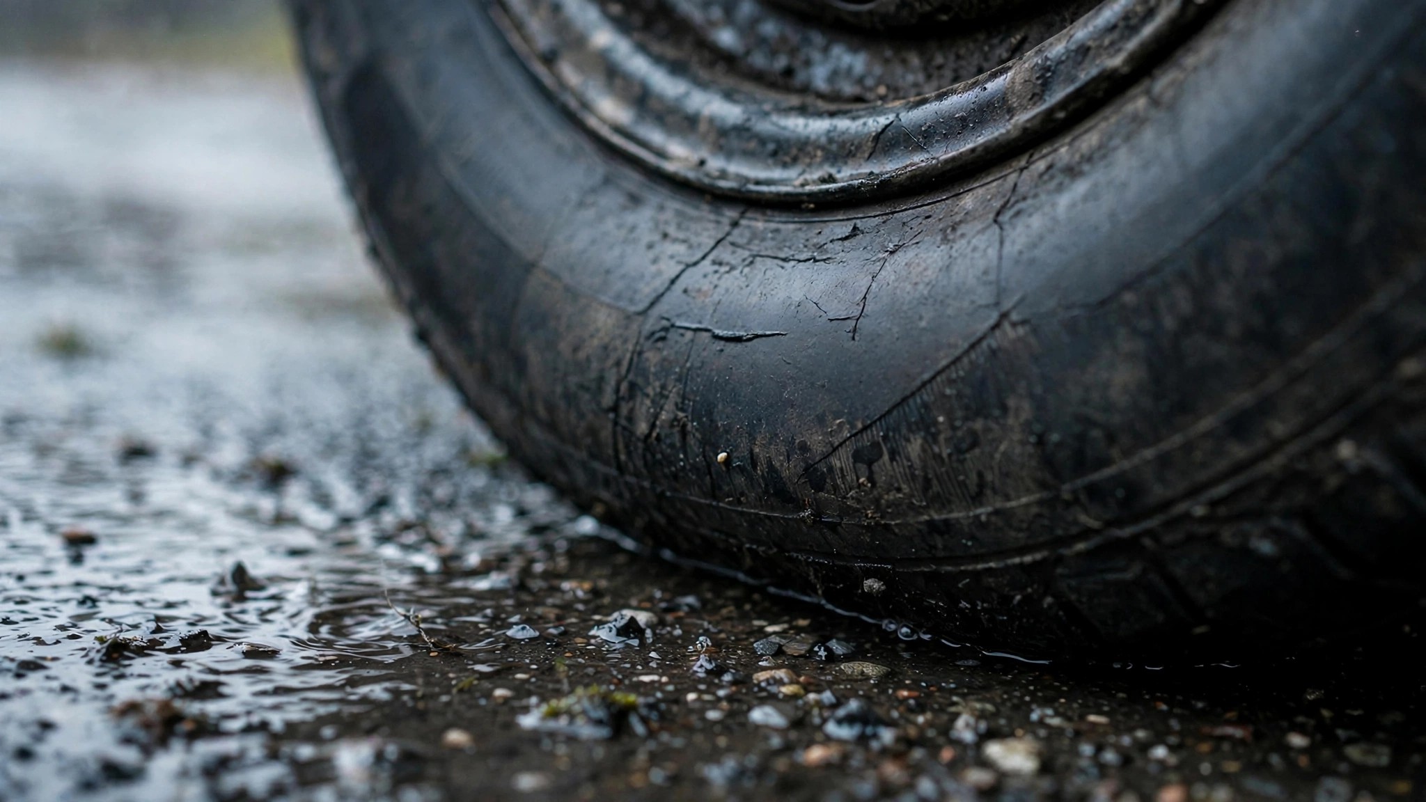 Worn car tire on wet pavement showing minimal tread depth