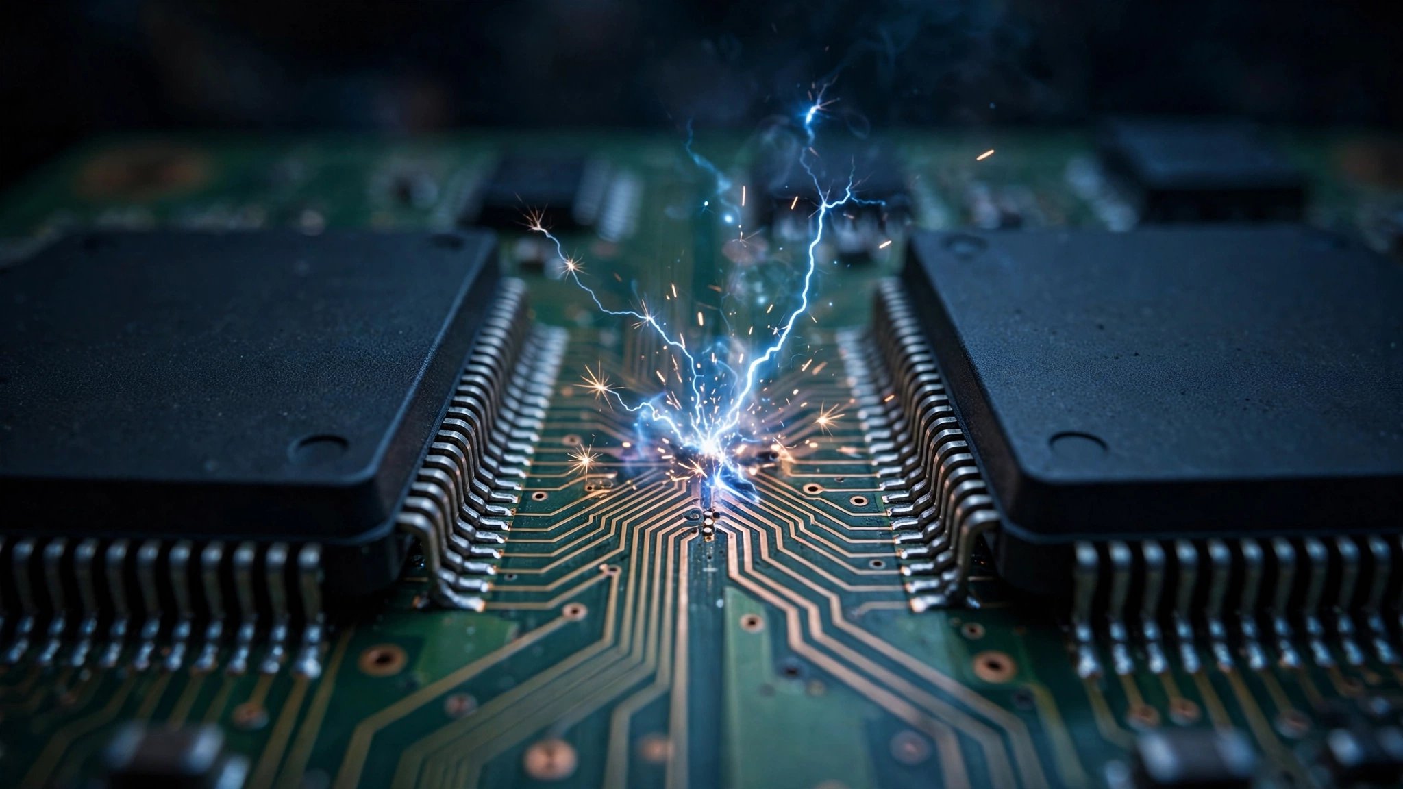 Close-up of two microchip ICs on a circuit board with electrical interference at their convergence point