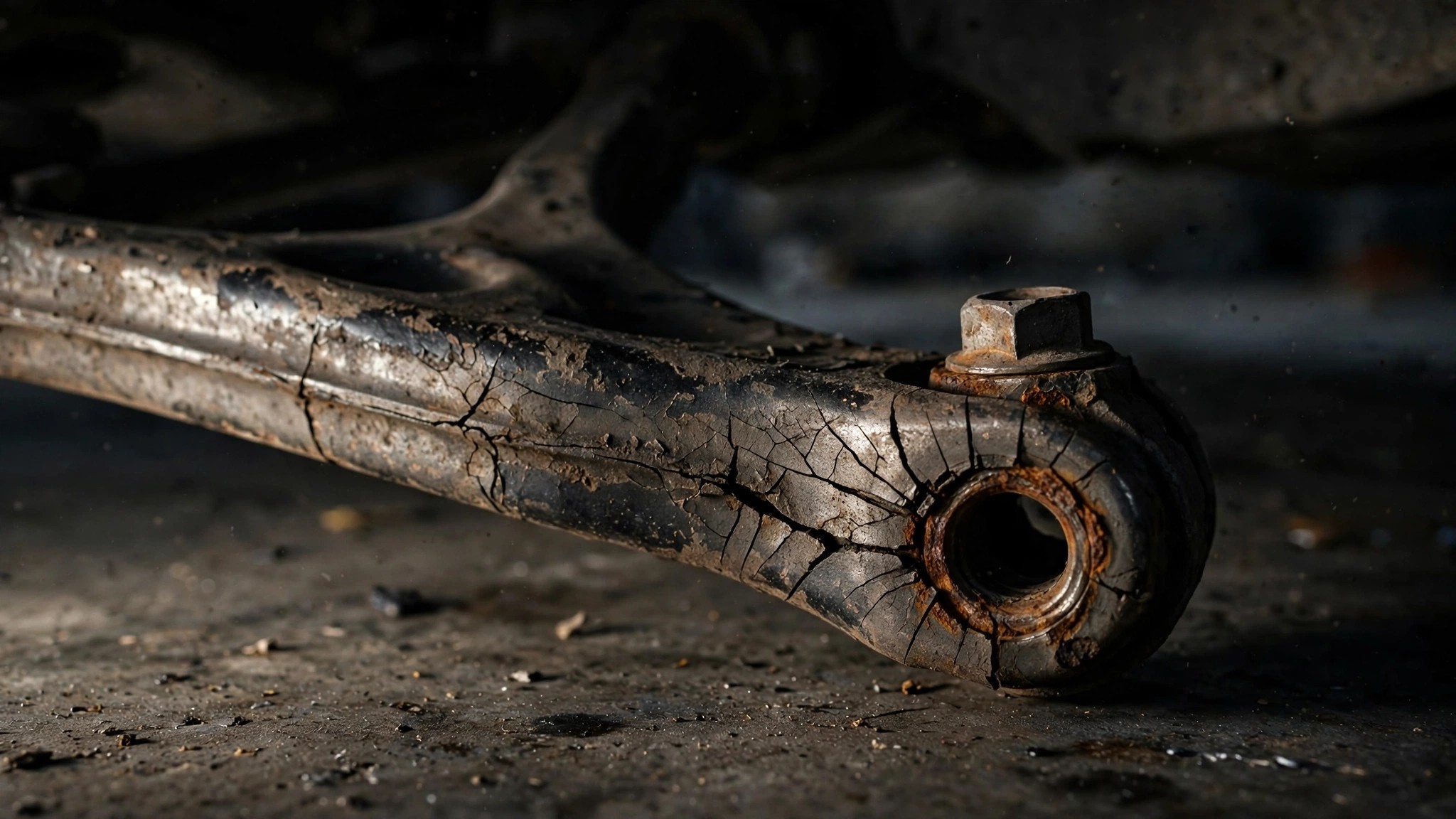 Close-up of a car suspension lower control arm showing stress fractures near the mounting bolt