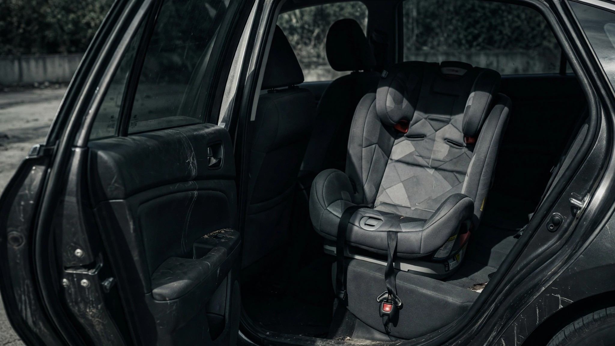 An empty child car seat with unbuckled harness in a dim sedan