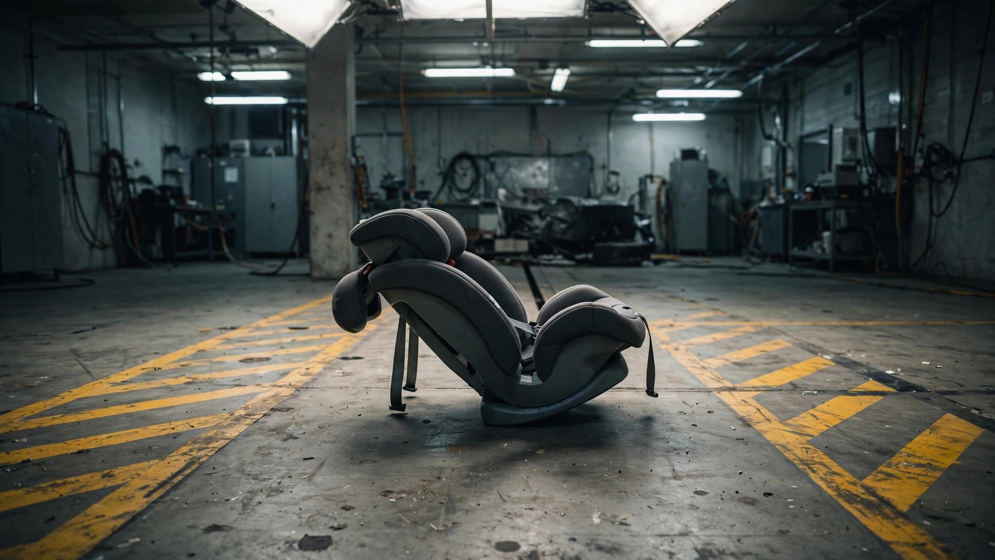 A child car seat in a crash testing laboratory with displaced headrest