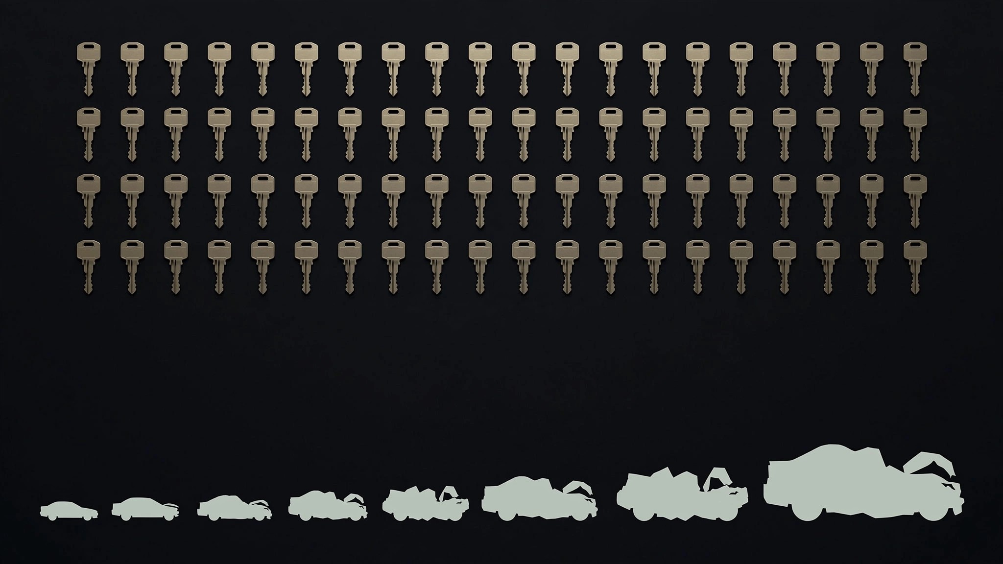 Rows of identical car keys in a grid above dramatically different-sized crash silhouettes representing the gap between uniform impairment and wildly varying death rates