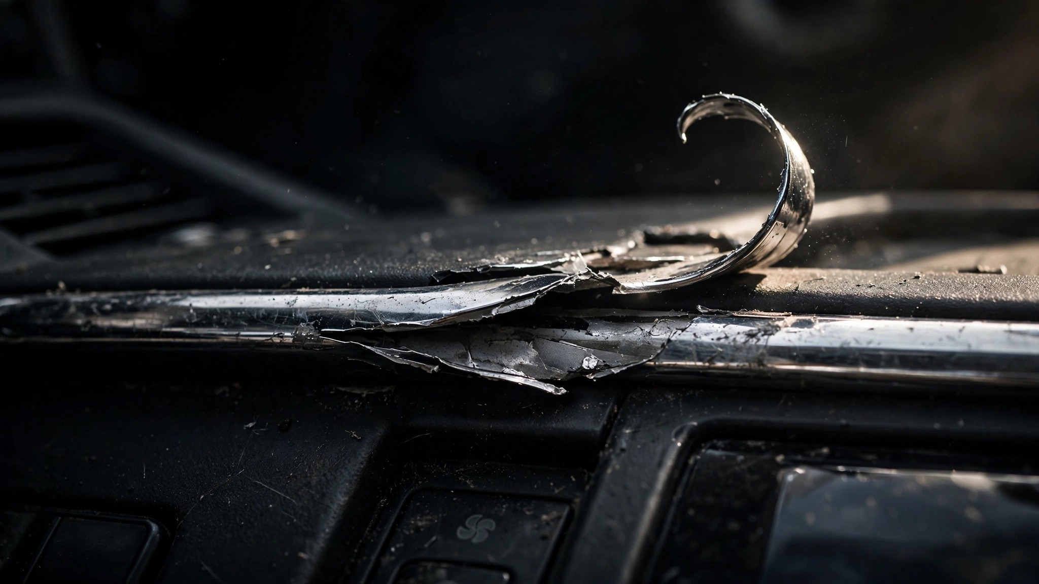 Peeling chrome trim on a car center console creating a sharp edge